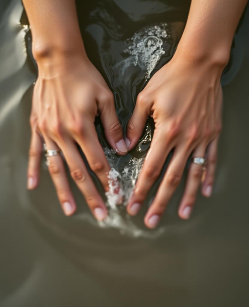 Hands moving through water in soft light