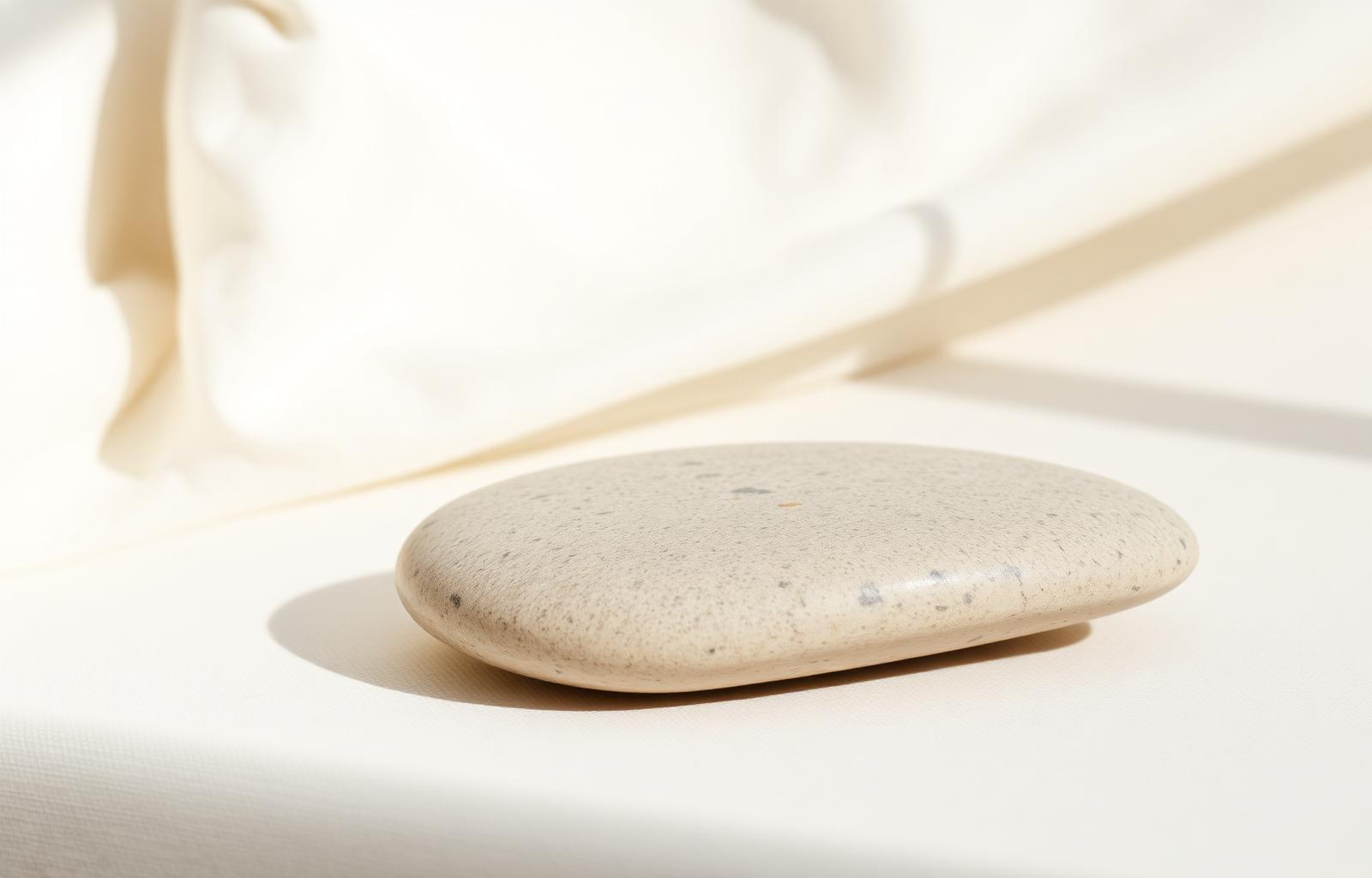 A single smooth river stone resting on clean linen