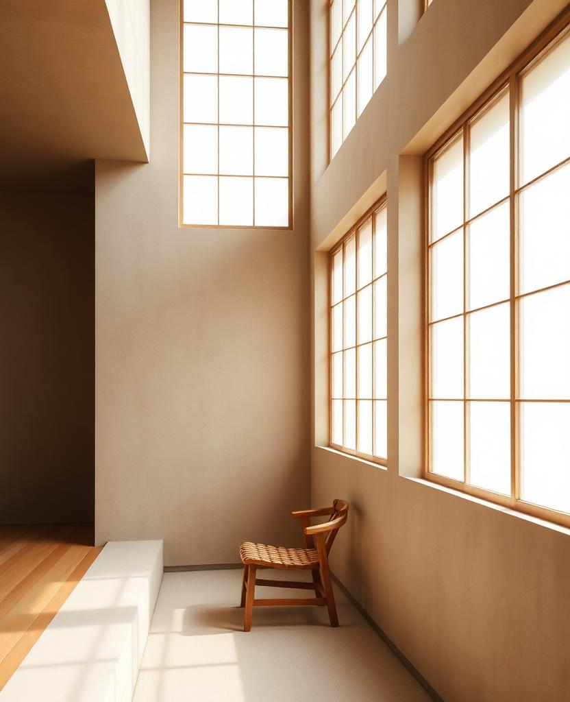 A minimal Japanese interior with a single wooden chair